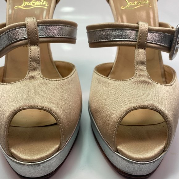 Christian Louboutin Satin Silver Ivory Heels 39 - Picture 4 of 15